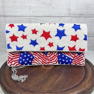 Patriotic Red White Blue Stars Stripes Seed Beaded Handbag